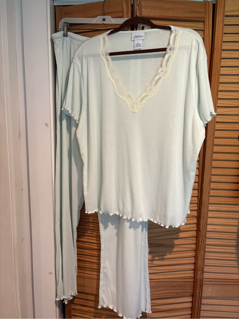 Vermont Country Store Mint Green Lace Trim V-Neck Ribbed Pajama Lounge Set 3X